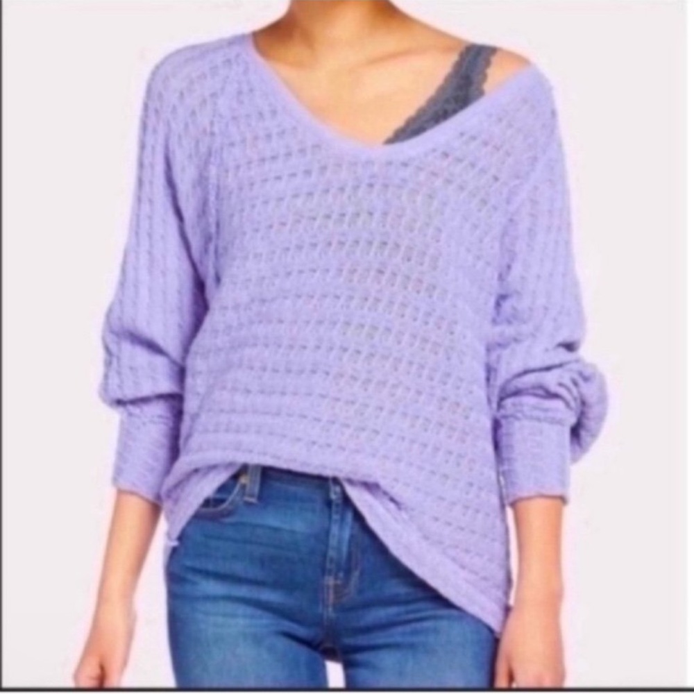 Free People Open Knit Raw edge Boxy Slouchy sweater Size S lilac purple
